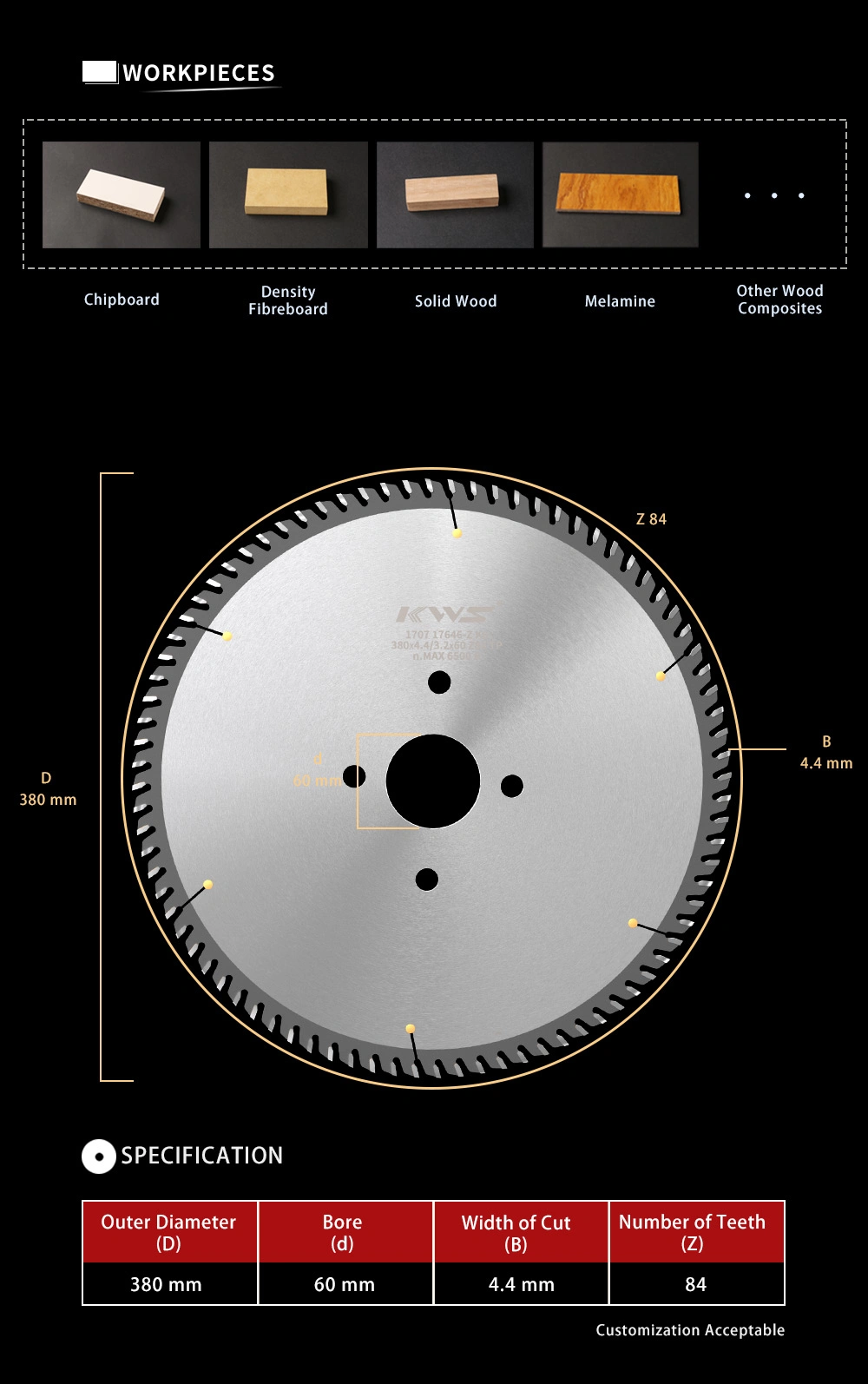 Kws Manufacturer 360mm Panel Sizing Woodworking Tct Circular Saw Blade